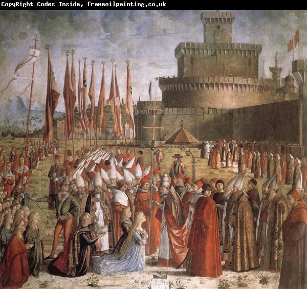 CARPACCIO, Vittore Scenes from the Life of St Ursula:The Pilgrims are met by Pope Cyriacus in front of the Walls of Rome